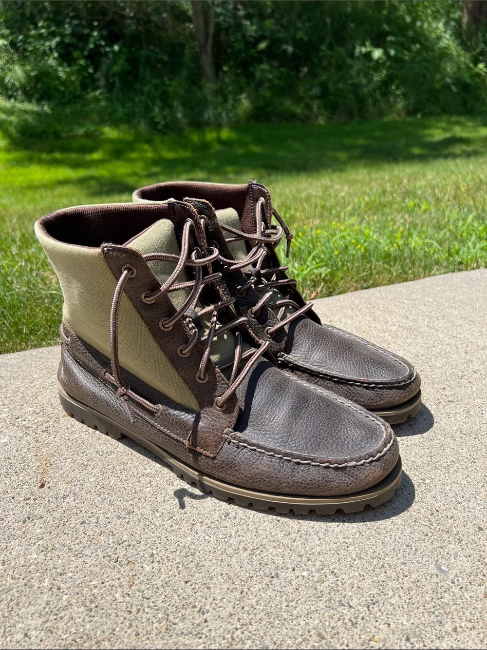 Sperry Top-Sider Brown Leather Green Canvas Boat Boots Hunting Boots Men’s 11.5M